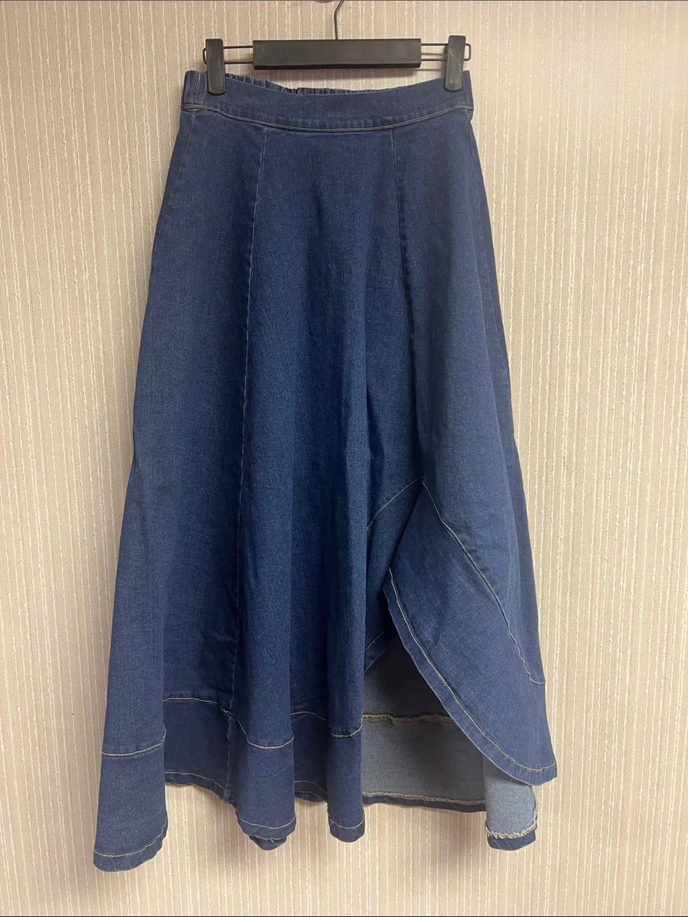 S Flying Tomato Dark Blue Paneled Denim Midi Skirt